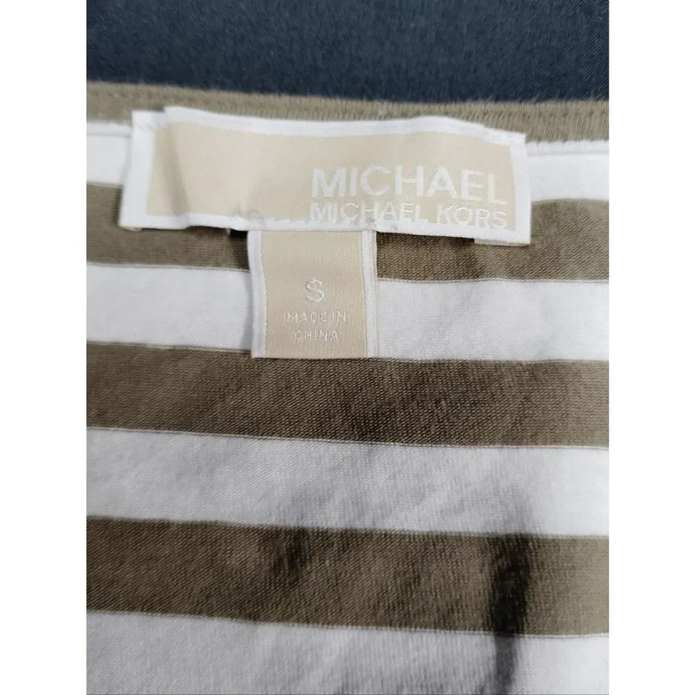 Michael Kors Striped V-Neck Zip Front Women’s Top - Khaki & White
